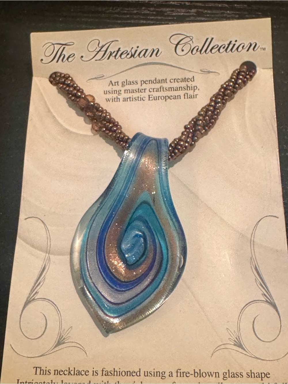 The Artesian Collection Blue Swirl Glass Pendant Necklace NWT